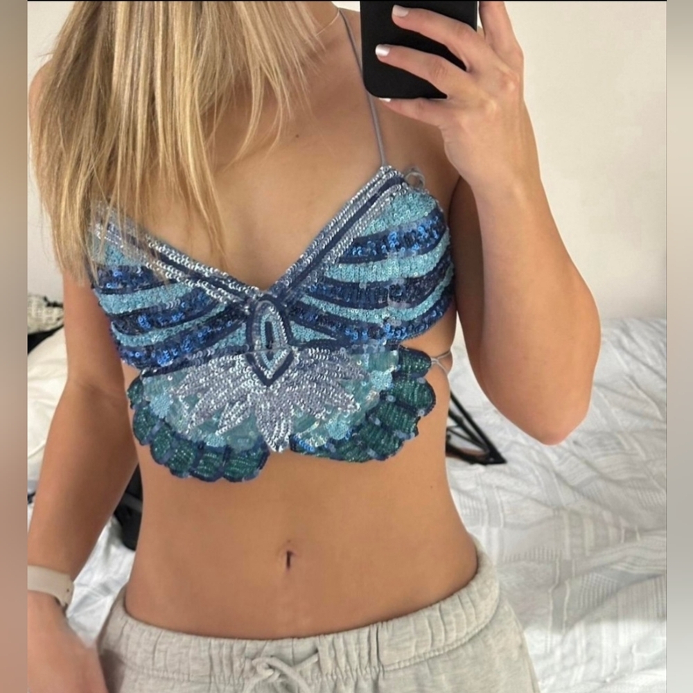 Zara Blue Sequin Butterfly Crop Top XS-S